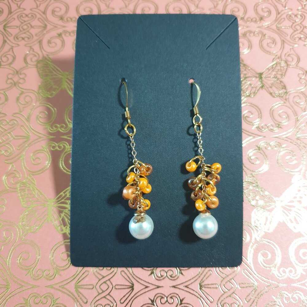 Handmade Gold Tone Dangle Earrings Faux Pearls Orange Seed Beads Costume Fashion